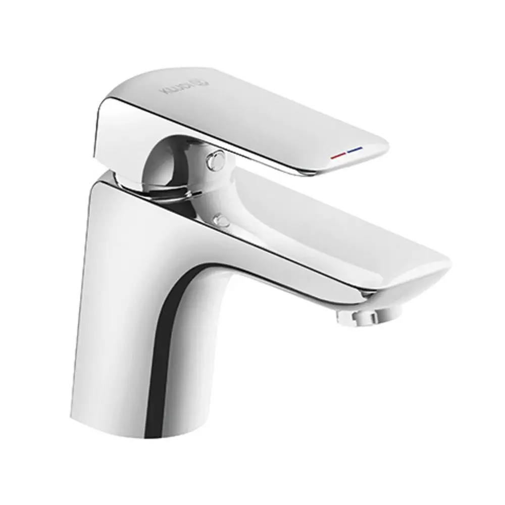 KLUDI Wasserhahn in Chrom für das Waschbecken, mit einem flachen, modernen Hebelgriff zur Temperatur- und Durchflussregulierung.